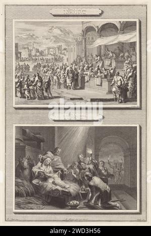 Die Volkszählung in Bethlehem und die Anbetung von de Herders, Jan Luyken, nach Ottmar Elliger (II), 1700 drucken zwei Aufführungen auf einer Platte. Oben: Die Volkszählung in Bethlehem. Reihen von Personen treten einem Büro bei, damit ihr Name in der Kasse enthalten ist. Im Vordergrund unterzeichnen Maria und Joseph einen Beamten, der ihre Namen schreibt. Unten: Die Hirten knien vor der Krippe mit dem Christuskind. Hinter dem Kribbe Maria und Joseph. Papier, das die Volkszählung in Bethlehem graviert: Maria und Josef sind registriert. Anbetung des Christuskindes durch die Hirten; Maria und Josef sind anwesend Stockfoto