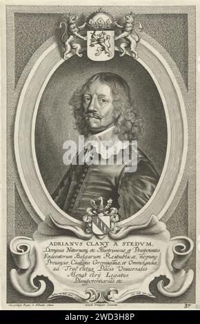 Porträt von Adriaan Clant zu Stedum, Cornelis Galle (II), nach Anselm van Hulle, 1648 Druck Porträt von Adriaan Clant zu Stedum, Vertreter von Groningen bei den Friedensverhandlungen von Münster, in Ovaal mit Familienwaffen. Antwerpener Papiergravur Stockfoto