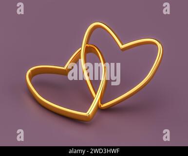 Goldene Eheringe, die ein Herz bilden und Liebe symbolisieren. Zwei goldene Ringe Stockfoto