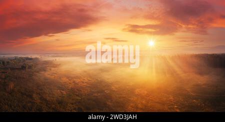 Dramatischer nebeliger Morgen im Wald bei Sonnenaufgang. Aus der Vogelperspektive auf eine wunderschöne Herbstlandschaft mit Nebel im Wald und einem wunderschönen Himmel mit Wolken. F Stockfoto