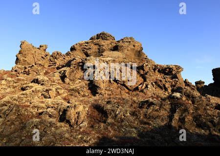 Dimmuborgir ist ein großes Gebiet mit ungewöhnlich geformten Lavafeldern östlich von Mývatn in Island Stockfoto