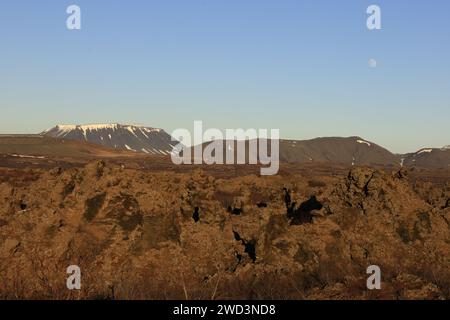 Dimmuborgir ist ein großes Gebiet mit ungewöhnlich geformten Lavafeldern östlich von Mývatn in Island Stockfoto