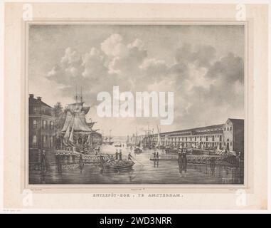Blick auf das Entrepotdok in Amsterdam nach Osten, Petrus Josephus Lutgers, 1833 Druck Entrepotdok von der Nieuwe Herengracht bis zur Oranje Nassau Kazerne. Es gibt Segelschiffe und Ruderboote auf dem Wasser. Print Maker: Loenen on the VechtAfter Own Design by: Loenen aan de Vecht Drucker: Amsterdam Paper. Kanäle, Gewässer (in der Stadt). Kaserne Entrepotdok Stockfoto