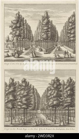 Zwei Gesichter auf den Wäldern bei Alkmaar, Leonard Schenk, nach Abraham Rademaker, 1746 drucken auf dem Oberdruck einige Figuren gehen über Wälder im Alkmaarder Wald nahe dem Geesterpoort. Auf dem unteren Druck einige Figuren im Mennistenbosje im Alkmaarder-Wald. Unter den Aufführungen wurden die Titel in Niederländisch und Französisch aufgeführt. Print Maker: Amsterdam Diagrammzeichnung von: Nord Niederlande Verlag: Amsterdam Papier Ätzen Waldweg oder Weg (+ Landschaft mit Figuren, Personal) Alkmaarder Holz Stockfoto