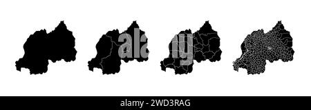 Satz von Staatskarten Ruandas mit Regionen und Gemeinden. Abteilungsgrenzen, isolierte Vektorkarten auf weißem Hintergrund. Stock Vektor
