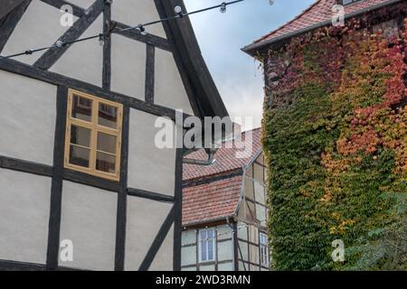 Historisches Fachwerkhaus und Giebeldach mit Herbstlaub in Quedlinburg, Sachsen-Anhalt, Deutschland Stockfoto
