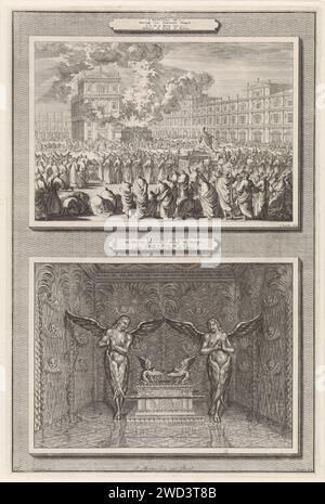 Initiation des Tempels Salomo und der Bundeslade, Jan Luyken, nach Ottmar Elliger (II), 1700 drucken zwei Aufführungen auf einem Teller. Oben: Auf dem Platz vor dem Tempel Salomos wird der Tempel mit Festlichkeiten eingeweiht. König Salomon kniet auf einer Höhe. Im Hintergrund der Tempel und ein großer Altar, wo Opfer gebracht werden. Gott erscheint am Himmel wie eine dunkle Wolke. Unten: Die Bundeslade im hinteren Raum des Tempels Salomos, des Allerheiligsten, unter den Flügeln der Cherubs. Amsterdamer Papierätzgebet Salomos; Salomo kniet vor dem Altar. t Stockfoto