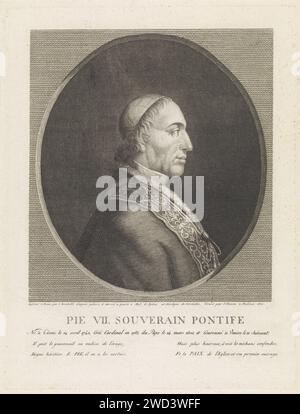 Qalalialial Vana VAusus, ist nur ein Jäger, ein halber, 1801 gedruckter Papst Pius VII., gekleidet in seinem päpstlichen Gewand, Kalot auf dem Kopf. Büste und Profil rechts in Ovaal. Unter dem Titel eine Textzeile und eine vierzeilige Strophe auf Französisch. Mechelen-Papierstich Stockfoto