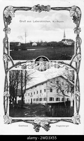 Eine antike Postkarte zeigt einen allgemeinen Blick auf die Stadt und das Hotel. Inschrift auf Deutsch: Grüße aus Leberskirchen, Nordbayern. Deutschland. Ci Stockfoto