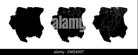 Set von Staatskarten von Suriname mit Regionen und Gemeinden. Abteilungsgrenzen, isolierte Vektorkarten auf weißem Hintergrund. Stock Vektor