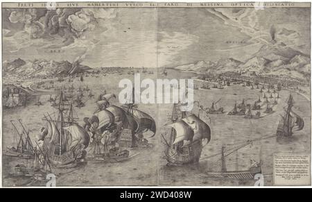 Seeschlacht in der Meerenge von Messina, Frans Huys, nach Pieter Bruegel (I), 1561 drucken Eine Seeschlacht in der Meerenge von Messina. Segelschiffe und Galien treten im Vordergrund an. Auf der linken Seite ist die Stadt Reggio und auf der rechten Seite die Stadt Messina. Hinter Messina ist der Ätna-Vulkan, von dem Rauch kommt. In der unteren rechten Ecke eine 8-zeilige frische lateinische Sprache. Antwerpener Papiergravurhafen. Battle (+ Segelschiffe) Straat Van Messina. Messina. Reggio di Calabria Stockfoto