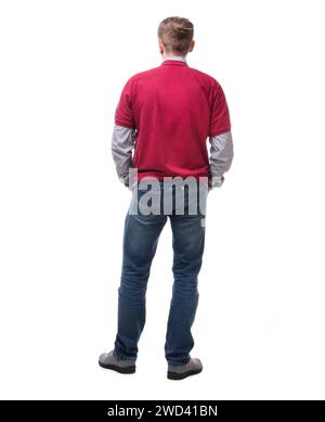 Rückansicht eines lässigen Mannes auf weißem Hintergrund Stockfoto