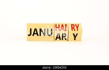 Januhairy oder Januar-Symbol. Konzeptworte Januhairy oder Januar auf schönen Holzblöcken. Schöner weißer Tisch mit weißem Hintergrund. Soziale Fragen Janu Stockfoto