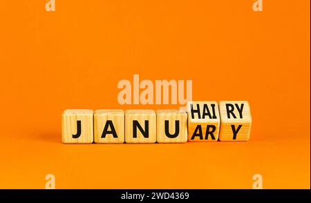 Januhairy oder Januar-Symbol. Konzeptworte Januhairy oder Januar auf schönen Holzblöcken. Schöner oranger Tisch mit orangefarbenem Hintergrund. Soziale Fragen Ja Stockfoto