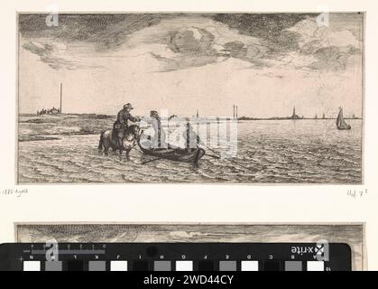 Empfang von Post durch einen Briefträger zu Pferd, Joost van Geel, in oder nach 1666 drucken Sie Einen Postboten auf Pferdeflächen durch das Wasser und erhalten Post von zwei Männern in einem Ruderboot. Rotterdam Papier Ätzen / Gravieren Meer. Schiffe (im Allgemeinen). Postdienst. Postbote Stockfoto