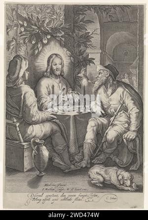 Essen in Emmaus, Jacob Matham, nach Hendrick Goltzius, 1604 - 1608 Druck Christus mit den Emmausgoers am Tisch, segnen das Brot. Printmacher: Haarlem Verlag: Amsterdamer Papier Gravur des Abendmahls bei Emmaus: Christus wird erkannt, während das Brot gesegnet oder gebrochen wird Stockfoto