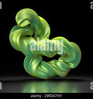 Üppige grüne abstrakte gekrümmte Skulptur auf schwarzem Hintergrund. 3D-Rendering Stockfoto