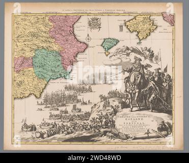 Karte von Spanien und Portugal, CA. 1710, Jan Luyken, 1710 Karte drucken mit Teil der spanischen Ost- und Südküste. Teil (Blatt unten rechts) einer großen Karte von Spanien und Portugal in vier Magazinen, ca. 1710. Vignette mit König Philipp V. zu Pferd, mit seinem Gefolge, einem Spanier für ihn. Links die Landung der alliierten Streitkräfte in Spanien. Amsterdamer Papier zum Ätzen/Gravieren von Karten verschiedener Länder oder Regionen. Kriegsführung; militärische Angelegenheiten (+ Landung, Ausschiffung der Streitkräfte) Spanien. Wal Stockfoto