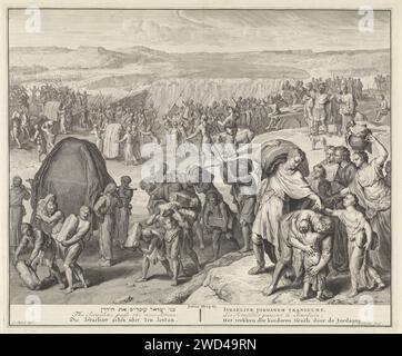 Bei der Überquerung des Jordaan, Cornelis Huyberts, nach Gerard Hoet (I), 1720–1728 Druck links sind Priester, die die Bundeslade tragen. In der Mitte heben zwölf Männer jeweils einen Stein vom Boden des Jordaan. Dahinter überqueren die Israeliten den Jordaan. Hinter ihnen bildet das Wasser des Jordaan einen Damm. Unten eine Referenz auf JZ. 3: 14-17 und der Titel der Druckschrift in Hebräisch, Englisch, Deutsch, Lateinisch, Französisch und Niederländisch. Amsterdamer Papiergravur zwölf Männer nehmen zwölf Steine aus der Mitte des Flusses  Überquerung des Jordans durch die Israeliten Stockfoto