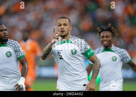 Abidjan, Nigeria. Januar 2024. Elfenbeinküste gegen Nigeria. Afrikanischer Nationenpokal AFCON 2023. William Troost Ekong punktet für Nigeria. Victor Modo Stockfoto