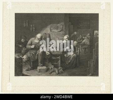 Schuhmacher in Werkstatt und Spinnerin Johannes Christiaan Bendorp, nach David Ryckaert (III), nach Adriaen Brouwer, 1805 Druck ein alter Schuhmacher ist damit beschäftigt, Schuhe in einer Werkstatt herzustellen oder zu reparieren. Neben ihm spinnt eine Frau Wolle, links eine Schülerin. Eine Zeichnung mit dem Kopf eines Mannes hängt an der Wand. Im Hintergrund gibt es eine Gruppe von Karten Männer um einen Tisch. Niederlande Papierätzschuhmacher, Schuster. Spinnen (Herstellung von Garnen). Spielkarten Stockfoto