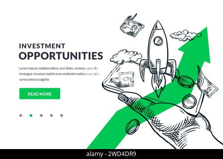 Investitionen, Markthandel, Finanzierungskonzept. Rakete und Geld fliegen aus dem Smartphone-Bildschirm. Handgezeichnete Vektorskizze Illustration der Handytradition Stock Vektor