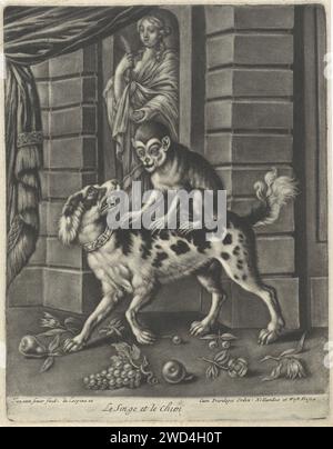 Affe auf dem Rücken eines Hundes, Jan van Somer, 1675 - 1696 Druck Ein Affe ist auf dem Rücken eines Hundes. Blumen und Früchte liegen auf dem Boden. In einer Nische befindet sich eine Statue von Ceres. Amsterdamer Papieraffen, Affen. Hund. Ceres (Planet) Stockfoto