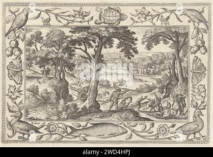 Zwijnenjacht, Adriaen Collaert, nach Hans Bol, 1582 - 1586 Print Waldlandschaft mit Schweinejagd. Im Vordergrund wird ein Wildschwein von Hunden angegriffen und von Jägern erstochen. Der Druck enthält eine dekorative Liste von Blumen und Tieren. Er ist Teil einer vierbeinigen Serie von Landschaften mit biblischen, mythologischen Szenen und Jagdszenen. Antwerpener Papierstich zur Jagd auf Wildschweine. Wald, Holz. Blumen  Ornament. Ziervögel. Schildkröten, Schildkröten (+ Ziervarianten von Tieren). Fische (+ Ziervarianten von Tieren) Stockfoto