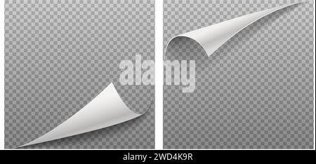 Realistische Vektordarstellung. Ecken der gewellten Papierseite auf transparentem Hintergrund mit Schatten Stock Vektor