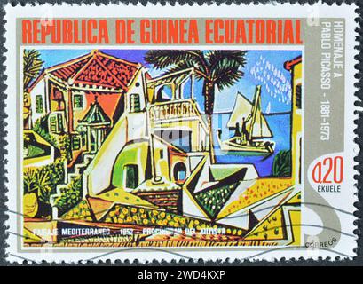 Gestempelte Briefmarke, gedruckt von Äquatorialguinea, die Gemälde mediterrane Landschaft von Picasso, PICASSO: Abstrakte Gemälde, um 1975 zeigt. Stockfoto