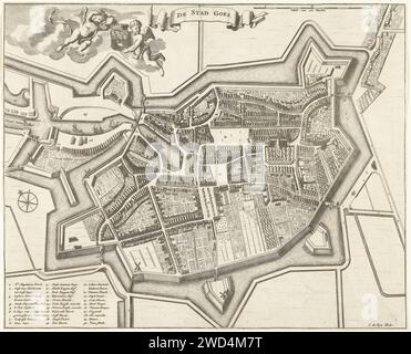 Karte der Stadt Goes, C. de Bye, ca. 1696 - ca. 1700 Karte der Stadt Goes drucken. Zwei Engel halten die Waffe der Stadt Goes. Daneben eine Banderole mit dem Namen der Stadt. Links eine Legende von 1-30. Niederlande Papier graviert Karten von Städten geht Stockfoto