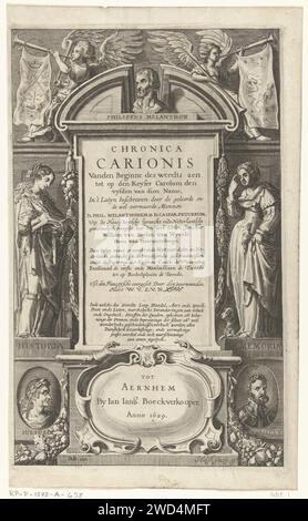 Titel Paginavoor Chronica Carionis von P. Melanchthon, Isaeck van Aelst, nach David Vinckboons, drucken 1629 Eine Tafel in einem architektonischen Rahmen erwähnt den Titel des Buches. Auf der Tafel befindet sich eine Porträtbüste von P. Melanchthon. Auf beiden Seiten befinden sich die allegorischen Figuren Historia und Memoria auf Steinsockeln. Auf den Sockeln Medaillons mit den Porträts von Julius Cäsar und Keizer Karel V. Arnhem Papierstich Erinnerung; 'Memoria' (Ripa). „Historia“; „Historia“ (Ripa). Historische Personen Stockfoto