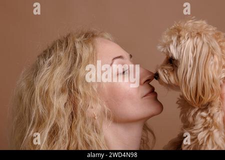 Ein Mädchen hält einen niedlichen Maltipoo-Hund in den Armen nah oben auf einem beigefarbenen Hintergrund, das Konzept der Liebe zu einem Hund Stockfoto