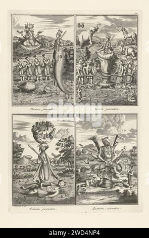 Darbietungen der Inkarnationen des indischen Gottes Vishnu, Bernard Picart (Werkstatt von), 1721 Print Blatt mit vier Darbietungen von Inkarnationen aus dem Hinduismus. Der indische Gott Vishnu kommt zehnmal auf die Erde, in zehn verschiedenen Formen, um die Welt zu retten. Die erste bis vierte Inkarnation wird hier vorgestellt: Matsya, Koerma, Varaha und Narasimha. Unter jeder Aufführung eine Bildunterschrift auf Französisch. Oben rechts nummeriert: 101. Amsterdamer Papierätzung / Gravur rituelle Praktiken  Hinduismus, Buddhismus, Jainismus Stockfoto