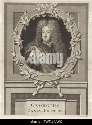 Porträt von Georg, Prinz von Dänemark, Pieter van Gunst, 1659–1699 Druck George, Prinz von Dänemark, Herzog von Cumberland und King Pumpstation von Königin Anna von England. Amsterdamer Papierstich Stockfoto