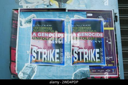 Beirut, Libanon. Januar 2024. Ein Poster ruft zum Streik für die Opfer von Gaza, Beirut und Libanon auf, 18. Januar 2024. (Foto: Elisa Gestri/SIPA USA) Credit: SIPA USA/Alamy Live News Stockfoto