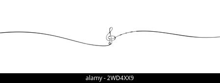 Treble-Schlüsselzeichen durchgehende einzeilige Zeichnung, minimalistische lineare Illustration aus langer, dünner, einzeiliger Linie, Musik-Design-Element isoliert auf weißem bac Stock Vektor