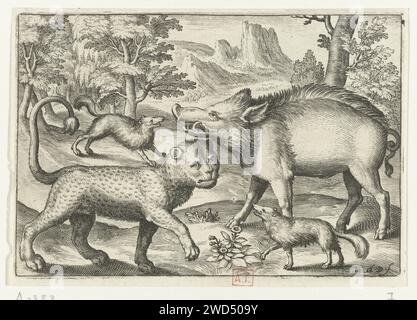 Leopard, Wildschwein und zwei Hunde, Nicolaes de Bruyn, 1594 Druckerei: Netherlandspublisher: Antwerpener Papierstich Raubtiere, Raubtiere: Leopard. Eber (männliches Schwein). Hund Stockfoto
