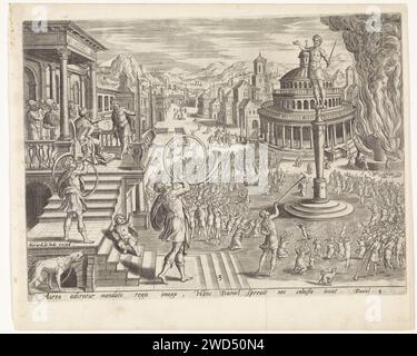 König Nebukadnessar und die Anbetung der goldenen Statue, Johannes oder Lucas van Doetechum, nach Hans Vredeman de Vries, 1585 Druck König Nebukadnessar hat eine goldene Statue errichten lassen und hat die Aufgabe gegeben, dass jeder sich nach dem Bild beugen sollte. Eine Menge beugt sich vor dem Bild im Klang der Trompete. Ein Mann sagt dem König, dass Sadrach, Mesach und Abednego sich weigern, sich zu verbeugen. Die drei Männer werden mitten im Hintergrund gefangen genommen. Ganz rechts wird ein Ofen angezündet, um jeden zu verbrennen, der sich nicht beugt. Unter dem zeigen Sie dann einen Verweis auf den Bibeltext in lateinischer Sprache. 3. Antw Stockfoto
