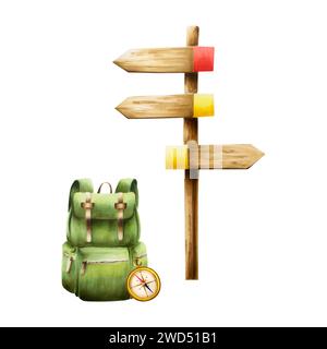 Aquarell Holzschild illlustration mit Wander- und Campingrucksack und Kompass. Blinker mit Pfeil auf weißem Hintergrund. Clip Stockfoto