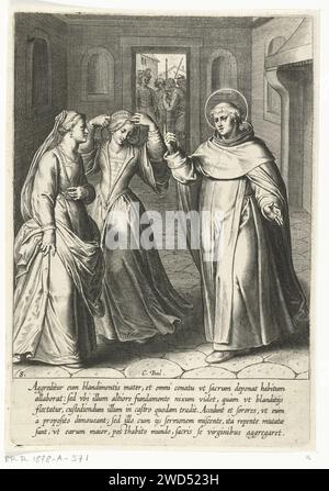 Thomas konvertiert seine Schwester Cornelis Boel, nach Otto van Veen, 1610 gedruckt Thomas konvertierte seine älteste Schwester. Sie nimmt ihren Schmuck und geht ins Kloster. Drucken Sie aus einer Serie von 30 Drucken, die die Lebensgeschichte von Thomas von Aquino repräsentieren. Die von Otto van Veen entworfenen und veröffentlichten Drucke wurden von C. Boel, E. van Paenderen, C. Galle und G. Swanenburgh gefertigt. Druckerei: Südhollandspublisher: Antwerpener Papiergravur des Dominikanischen Theologen, 'Angelic Doctor' Thomas von Aquino; mögliche Attribute: Buch, (Kette mit) Sonne, Taube, Gürtel der Keuschheit, lily, Modell der Kirche, Monstr Stockfoto