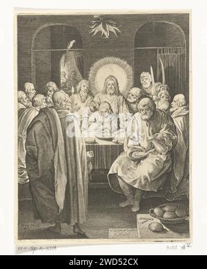 Letztes Abendmahl, Nicolaes de Bruyn, 1618 Druck Christus verwendet das letzte Abendmahl mit seinen Jüngern. Niederlande Papierstich Letztes Abendmahl (im Allgemeinen) (Matthäus 26:21-35; Markus 14:18-31; Lukas 22:3, 22:15-23; Johannes 13:21-38) Stockfoto