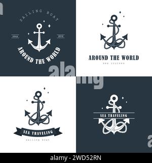 Set von Logos für Seereisen. Vintage-Stempel mit Ankersymbolen. Bootstour auf See. Seefahrtsabzeichen-Kollektion. Vektorvorlagen für Seefahrten auf Schwarz Stock Vektor