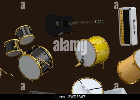 Viele von fliegenden Akustikgitarren, Schlagzeug mit Metall-Zimbeln oder Drumset und Verstärker isoliert auf schwarzem Hintergrund. 3D-Wiedergabe von musikalischem Schlagwerk Stockfoto