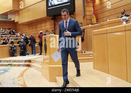 Madrid, Spanien. Januar 2024. Madrid Spanien; 18.01.2024.- Pedro Sánchez, Präsident Spaniens, der spanische Kongreß bestätigt die Reform der Magna Charta, um den Begriff "Behinderte" zu verbannen Was die dritte Reform der Magna Charta sein wird, da ihre Genehmigung im Jahr 1978 aufgrund der Weigerung der rechtsextremen politischen Partei Vox nicht vollständig unterstützt wurde, deren eigensinnige Gleichstellungsansätze ihre Abgeordneten dazu veranlasst haben, gegen diesen sozialen Fortschritt zu stimmen. Foto: Juan Carlos Rojas Credit: dpa/Alamy Live News Stockfoto