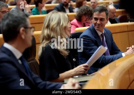 Madrid, Spanien. Januar 2024. Madrid Spanien; 18.01.2024.- Pedro Sánchez, Präsident Spaniens, der spanische Kongreß bestätigt die Reform der Magna Charta, um den Begriff "Behinderte" zu verbannen Was die dritte Reform der Magna Charta sein wird, da ihre Genehmigung im Jahr 1978 aufgrund der Weigerung der rechtsextremen politischen Partei Vox nicht vollständig unterstützt wurde, deren eigensinnige Gleichstellungsansätze ihre Abgeordneten dazu veranlasst haben, gegen diesen sozialen Fortschritt zu stimmen. Foto: Juan Carlos Rojas Credit: dpa/Alamy Live News Stockfoto