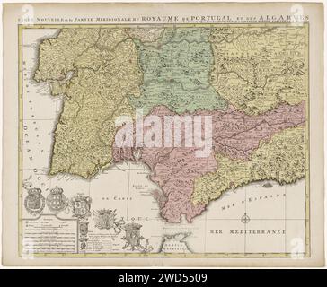 Karte von Südspanien und Portugal, Jan Luyken (möglich), 1720 - 1772 drucken Karte mit einem Teil Portugals und der spanischen Südküste. Teil (Blatt unten links) einer großen Karte von Spanien und Portugal in vier Magazinen, ca. 1703. Unten links und die Waffen Spaniens und Portugals, verbunden mit den Waffen der Algarve (einschließlich der Stadtwaffen Toledo und Grenada), Andalusien und Kastilien und León. Amsterdam Papiergravur / Ätzen von Karten verschiedener Länder oder Regionen. Flagge, Farben (als Symbol des Staates usw.) Spanien. Portugal Stockfoto
