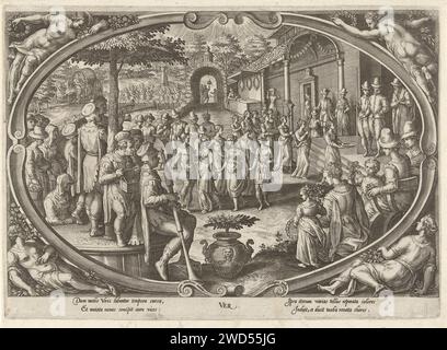 Frühling, Philips Galle, nach Jan van der Straet, ca. 1578 - ca. 1582 drucken Central auf eine Kartusche ein Bild einer Party unter freiem Himmel. In einem großen Garten tanzen und musizieren die Menschen. Ein Spiel wird im Hintergrund gespielt. Der Druck hat eine lateinische Unterschrift und ist Teil einer Serie über die vier Jahreszeiten. Druckerei: Antwerpen Design von: Florenzepublisher: Antwerpen Papiergravur Frühling  menschliche Aktivitäten (die vier Jahreszeiten) Stockfoto