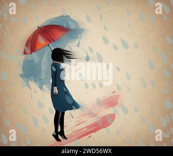 Ein Mädchen in einem Aquarellbild wird mit ihrem Regenschirm im Regen und Wind in einer 3D-Illustration über das Wetter gesehen. Stockfoto