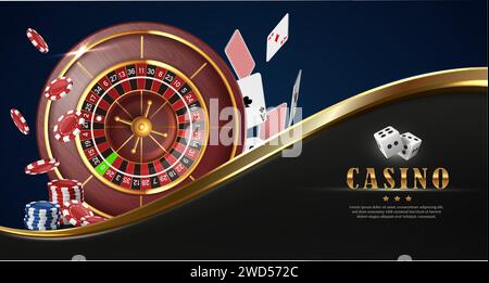 kasino-Hintergrund mit Roulette-Rad, fliegenden Karten und Poker-Chips. Stock Vektor